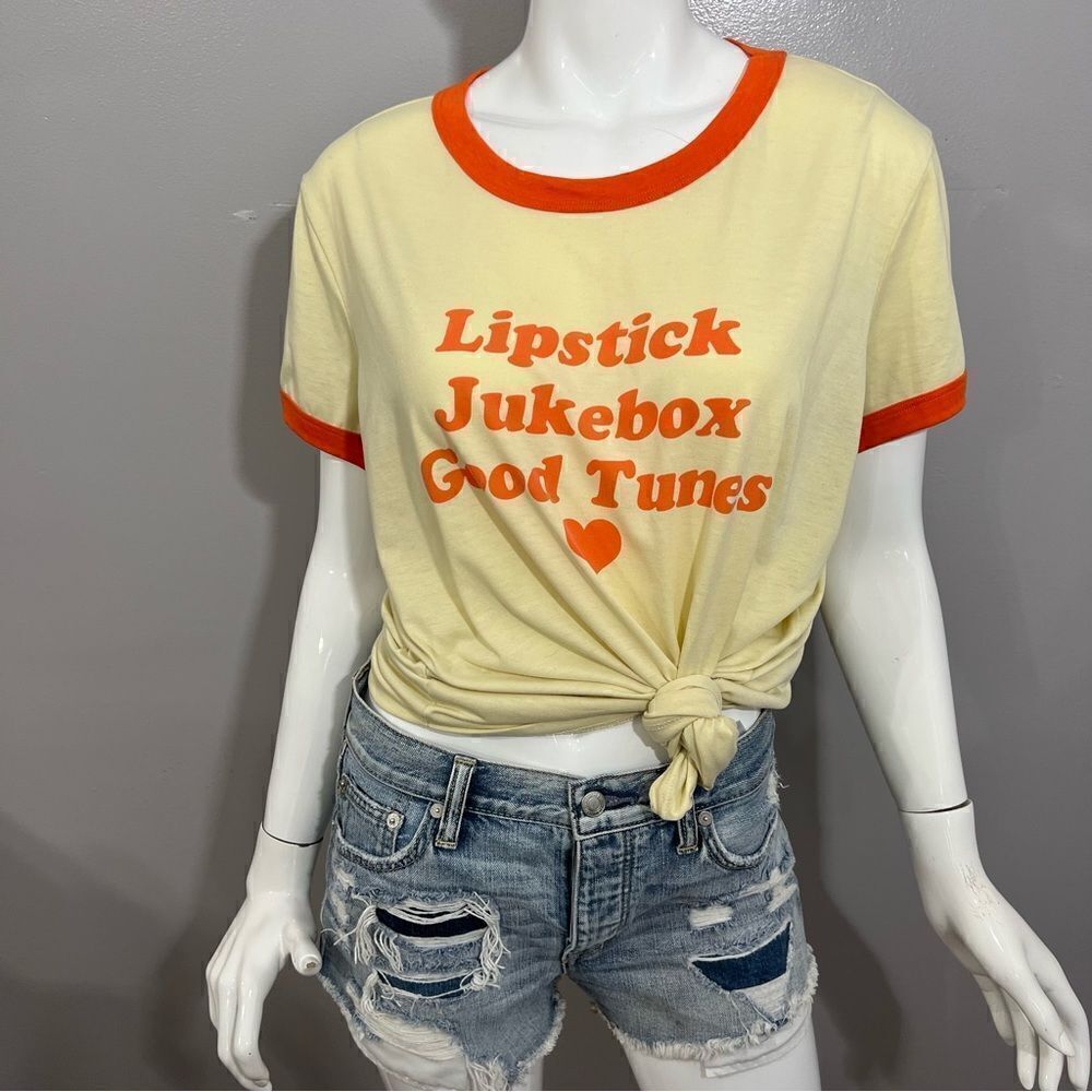 Lularoe "Lipstick, Juke Box, Good Tunes" Cream/Orange T-shirt -- L - Picture 4 of 13